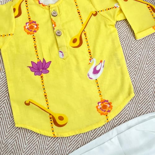 BHAAKUR Organic Cotton Unisex Veena and Lotus Kurta Set| for Toddlers and Infants| Soft and Breathable| Full Sleeves| Double Layered | Yellow | 12-18 Month - Image 4