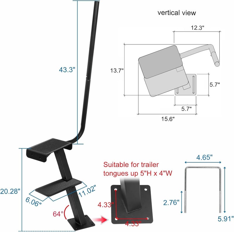 OUTPRIZE Boat Trailer Step, Heavy Duty Steel 2 Steps Ladder for Boat Trailer Tongue with Left or Right Adjustable Handrail, 450lbs Capacity, Black - Image 3