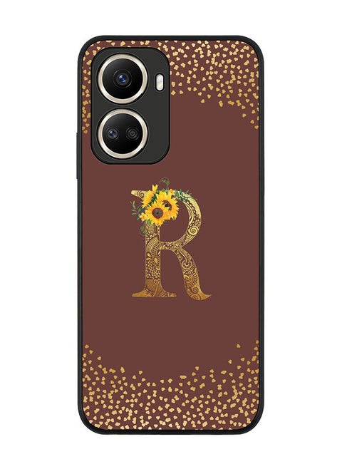 Rugged Black edge case for Huawei nova 10 SE Slim fit Soft Case Flexible Rubber Edges Anti Drop TPU Gel Thin Cover - Custom Monogram Initial Letter Floral Pattern Alphabet - R (Brown )