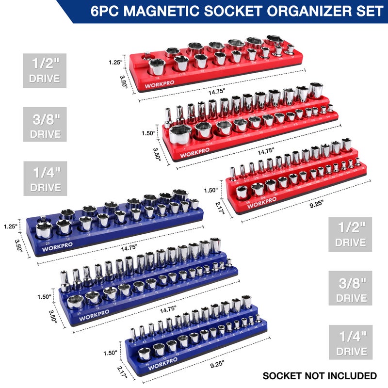 WORKPRO Magnetic Socket Organizer Set, 6-Piece Socket Holder Set Includes 1/4", 3/8", 1/2" Drive Metric SAE Socket Trays, Holds 143 Pieces Sockets, Christmas Gift for Men(Socket not Included) - Image 3