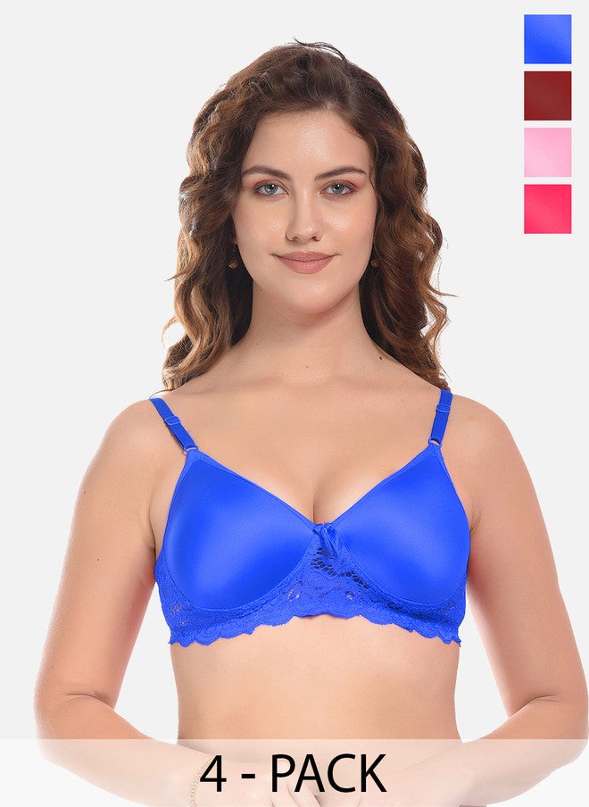 FIMS Blue & Pink Pack of 4 Cotton Solid Lightly Padded Bra - Image 1