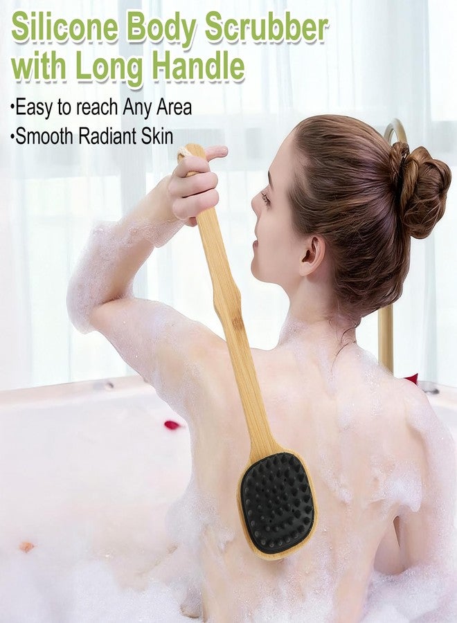 QEYMN Silicone Back Scrubber for Shower, 2PCS Silicone Bath Body Brush Loofah with Long Handle, Dual-Sided Shower Brush for Body, Black Exfoliating Body Scrubber for Men Women, Back Washer for Men with Hook - Image 4