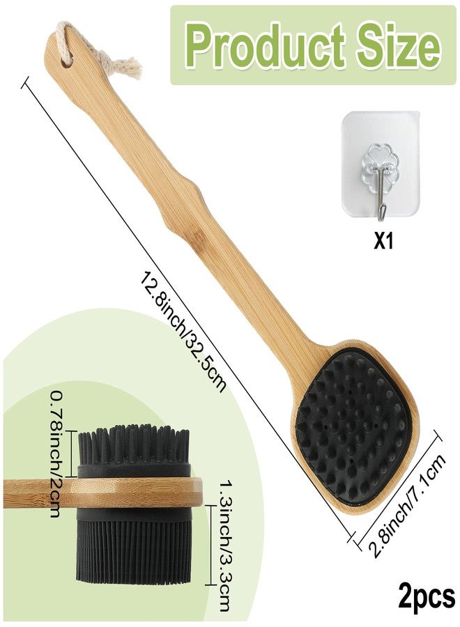 QEYMN Silicone Back Scrubber for Shower, 2PCS Silicone Bath Body Brush Loofah with Long Handle, Dual-Sided Shower Brush for Body, Black Exfoliating Body Scrubber for Men Women, Back Washer for Men with Hook - Image 2