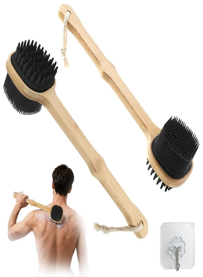 QEYMN Silicone Back Scrubber for Shower, 2PCS Silicone Bath Body Brush Loofah with Long Handle, Dual-Sided Shower Brush for Body, Black Exfoliating Body Scrubber for Men Women, Back Washer for Men with Hook - Image 1