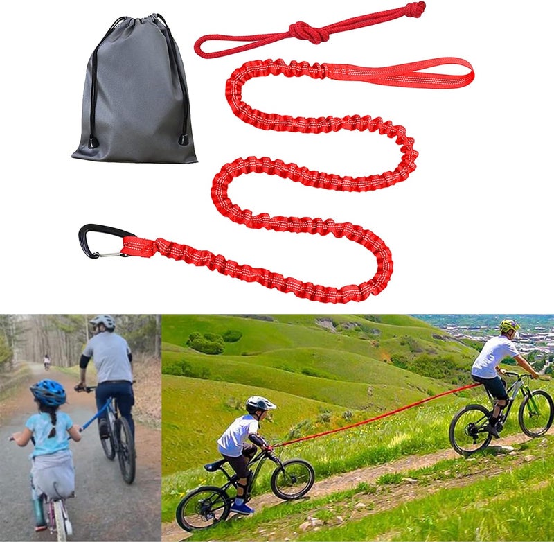 klarako Bike Tow Rope Bungee Towing Strap Road MTB Bicycle Pulling Strap Cycling Shock Absorbing with Carabiner Easier Hill Climbs for Kids Women Men Riding - Red - Image 4