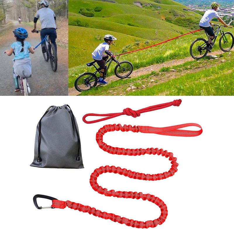 klarako Bike Tow Rope Bungee Towing Strap Road MTB Bicycle Pulling Strap Cycling Shock Absorbing with Carabiner Easier Hill Climbs for Kids Women Men Riding - Red - Image 3