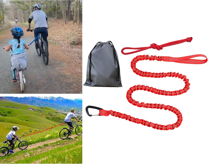 klarako Bike Tow Rope Bungee Towing Strap Road MTB Bicycle Pulling Strap Cycling Shock Absorbing with Carabiner Easier Hill Climbs for Kids Women Men Riding - Red - Image 5