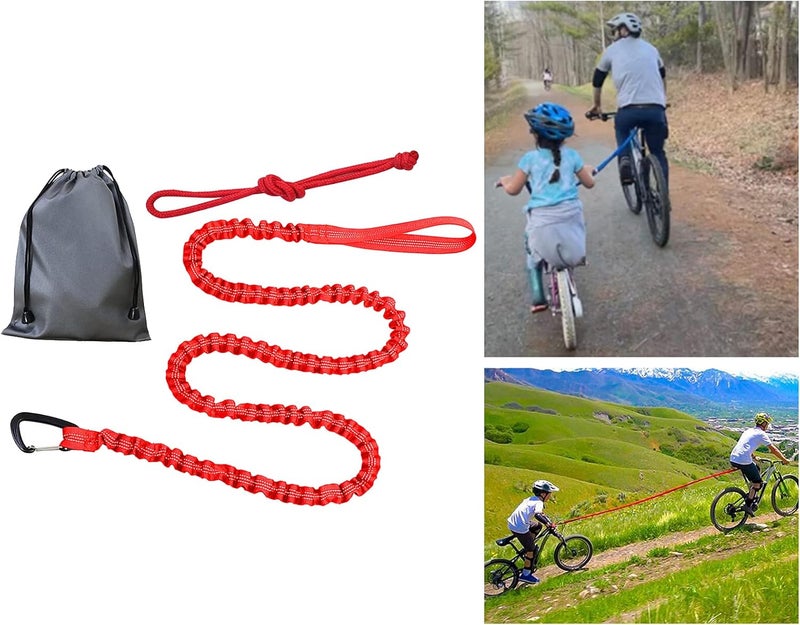 klarako Bike Tow Rope Bungee Towing Strap Road MTB Bicycle Pulling Strap Cycling Shock Absorbing with Carabiner Easier Hill Climbs for Kids Women Men Riding - Red - Image 2