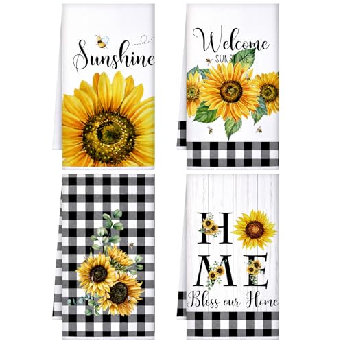 Bencailor 4 Pcs Sunflower Kitchen Towels Christmas Thanksgiving Gifts Sunflower Floral Hand Dish Towels Absorbent Yellow Fast Drying Decor Housewarming Gift for Cooking Bathroom Kitchen Decor - Image 1