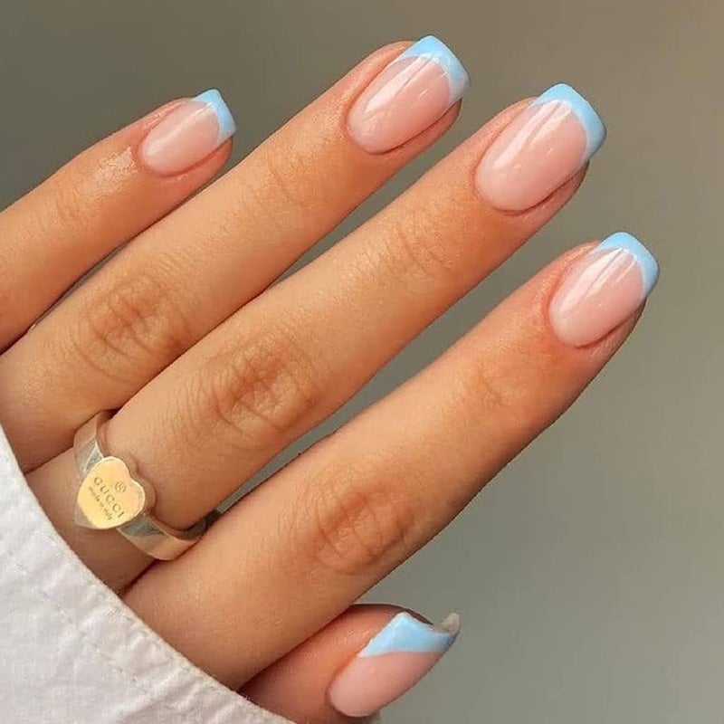 RikView Press on French Tip Nails Oval Tips Glossy Fake/ False Nails with Design Full Cover Acrylic Nails (Blue) - Image 1