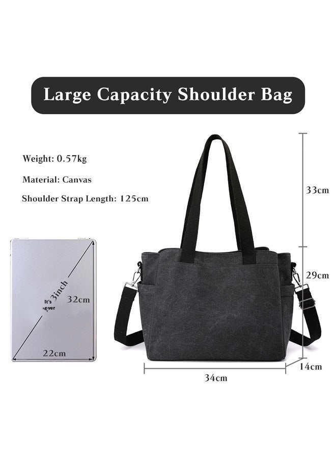 Women Shoulder Bag Crossbody Bag Canvas Handbag Top Handle Bag Casual Messenger Bag-black  - Image 2