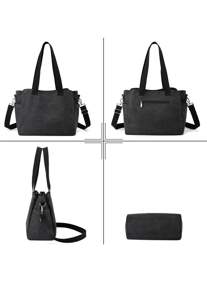 Women Shoulder Bag Crossbody Bag Canvas Handbag Top Handle Bag Casual Messenger Bag-black  - Image 3