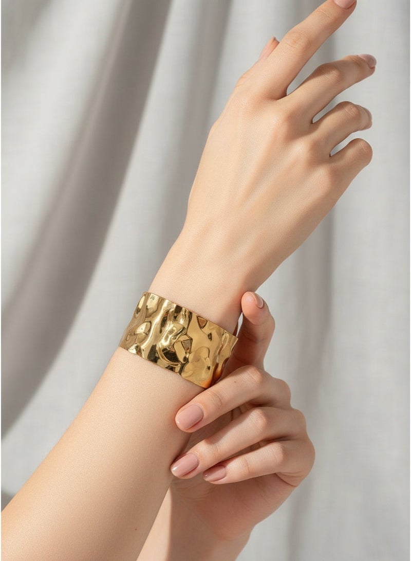 Hammered Gold Bracelet Bangle for Women, Wide Open Cuff Bracelet with Textured Finish, Adjustable Statement Bangle Bracelet for Everyday Wear, Minimalist Jewelry for Work, Party & Gift - Image 1