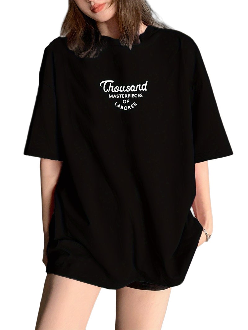 Women's Oversized T - Shirt - Loose Fit Short Sleeve Top with Letter '' Print, Round Neck Casual Summer Blouse for Spring Summer Fall, Breathable Casual Attire (Hand Washable) - Black / XS - Image 1