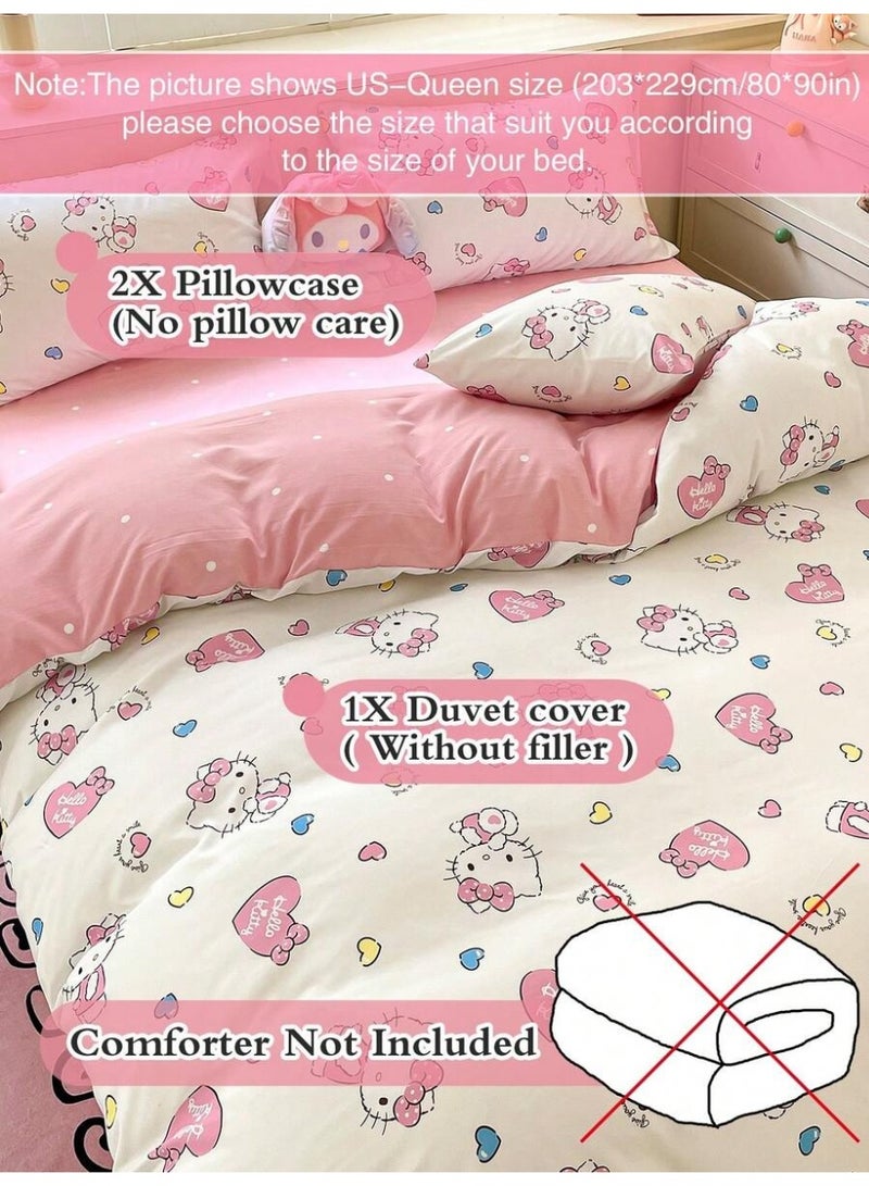 Hello Kitty Heart Duvet Cover – Cute Kawaii Cartoon Bedding – Pink & White Duvet Cover with Pillowcases (Comforter Not Included) - (150*200cm) - Image 4