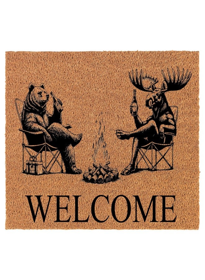 mip Welcome Doormat Coco Coir Door Mat Gift Welcome Bear & Moose Camp Fire Camping Cabin Funny (24" x 16") - Image 1