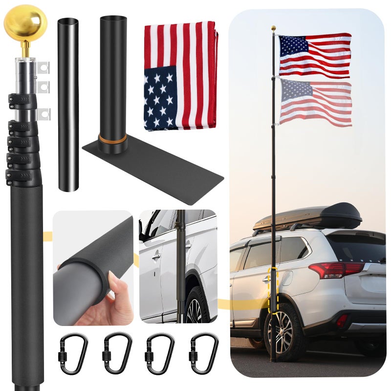 AirVows 20FT Tailgate Flag Pole with Tire Mount, Fit RV/Pickup/Sedan/SUV, Portable Flag Pole with 20" Car Scratch-Proof Protective Tube, Thickened Aluminum Flag Pole with US Flag, 60 MPH, Dual Flag Mount - Image 1