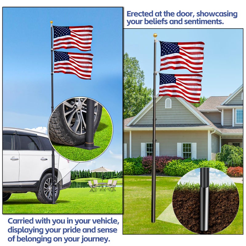 AirVows 20FT Tailgate Flag Pole with Tire Mount, Fit RV/Pickup/Sedan/SUV, Portable Flag Pole with 20" Car Scratch-Proof Protective Tube, Thickened Aluminum Flag Pole with US Flag, 60 MPH, Dual Flag Mount - Image 4