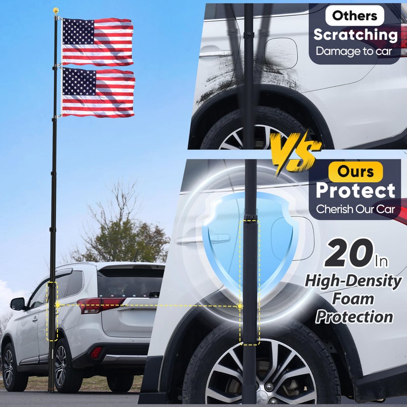 AirVows 20FT Tailgate Flag Pole with Tire Mount, Fit RV/Pickup/Sedan/SUV, Portable Flag Pole with 20" Car Scratch-Proof Protective Tube, Thickened Aluminum Flag Pole with US Flag, 60 MPH, Dual Flag Mount - Image 2