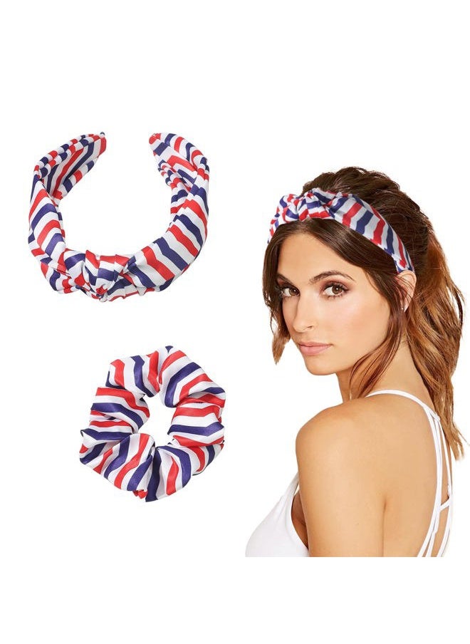 AEGYPIUS Red White Blue Headband Women, 2 Pcs 4th of July Headband for Women Soft Polyester Patriotic Headband Women, American Flag Headband Women Fourth of July Headband and Patriotic Hair Tie for Women  - Image 1