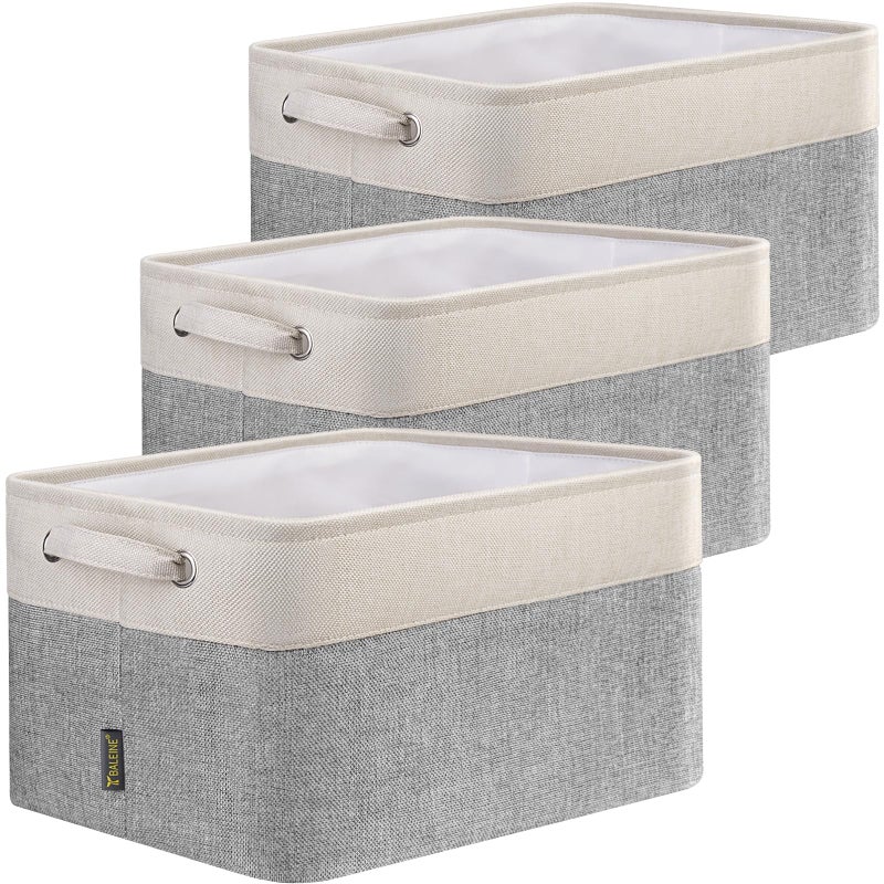 BALEINE 3 Pack Fabric Storage Bins for Shelves Linen Storage Baskets for Organizing Decorative Closet Bins for Clothes Home Grey 15x11x95