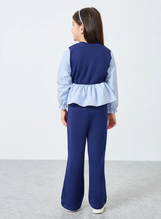 Styli Styli Girls Navy Blue Top and Flared Leggings Set