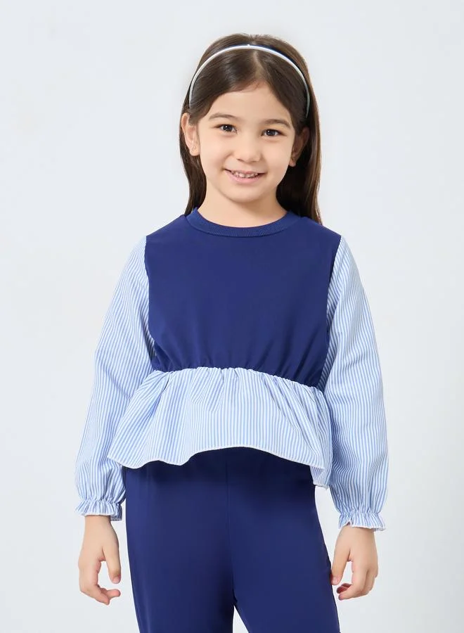 Styli Styli Girls Navy Blue Top and Flared Leggings Set