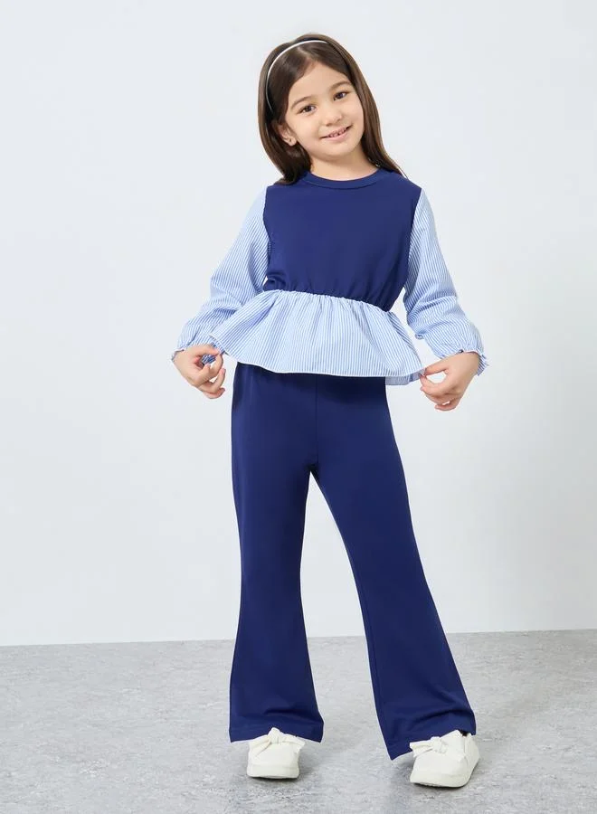 Styli Styli Girls Navy Blue Top and Flared Leggings Set
