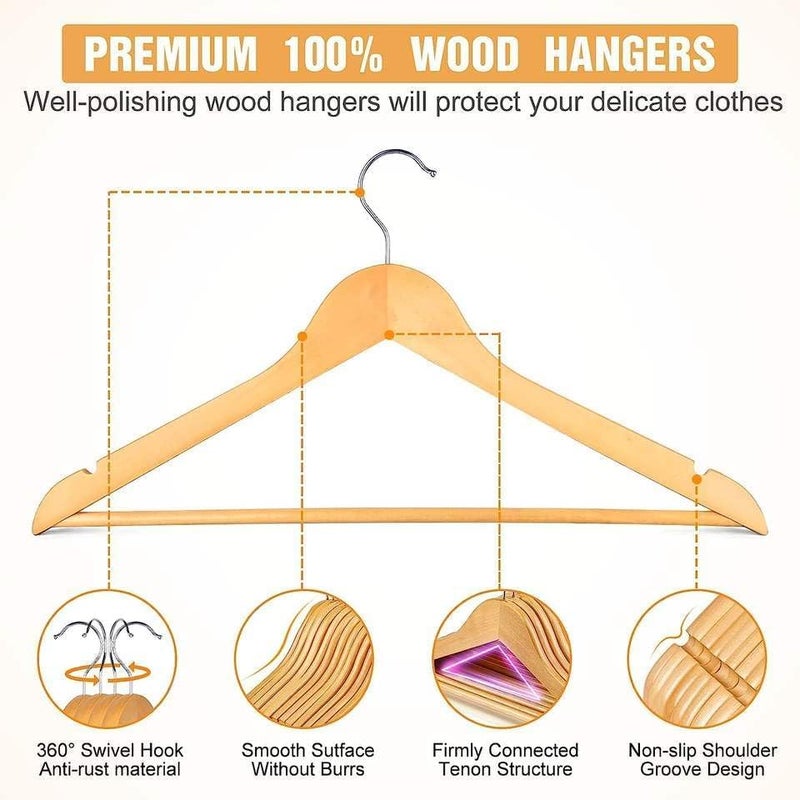 MOONCEE 30 PCs Wooden Hangers - Non Slip Wood Clothes Hanger for Suits, Pants Hanger, Clothes Organizer 360° Swivel Hook Heavy Duty Clothing Hanger Set - Coat Hangers for Closet (Natural-30 Pack) - Image 4