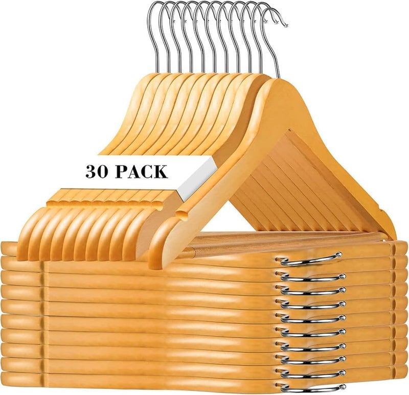 MOONCEE 30 PCs Wooden Hangers - Non Slip Wood Clothes Hanger for Suits, Pants Hanger, Clothes Organizer 360° Swivel Hook Heavy Duty Clothing Hanger Set - Coat Hangers for Closet (Natural-30 Pack) - Image 1