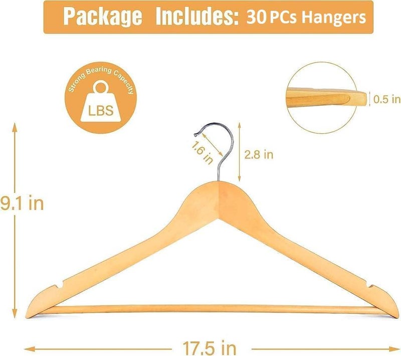 MOONCEE 30 PCs Wooden Hangers - Non Slip Wood Clothes Hanger for Suits, Pants Hanger, Clothes Organizer 360° Swivel Hook Heavy Duty Clothing Hanger Set - Coat Hangers for Closet (Natural-30 Pack) - Image 5