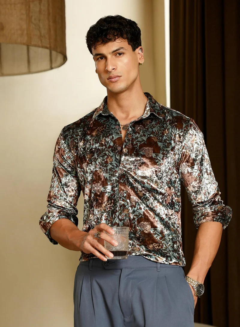 Campus Sutra Men Botanical-Cluster Imprint Velvet Shirt | Spread Collar , Long Cuffed Sleeves | Button , Curved Hem | Floral Print Textured | Woven Fabric For Party & Evening Wear | Brown & Grey