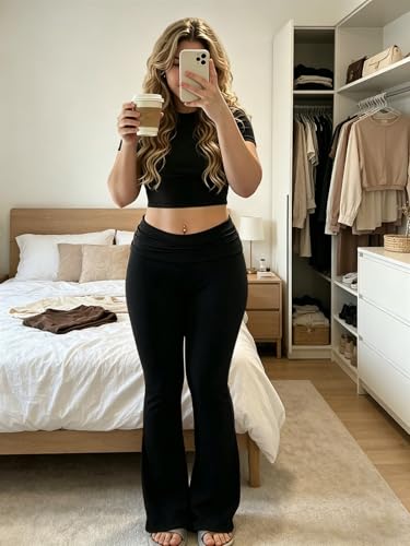 COPYLEAF Two Piece Lounge Sets for Women Fold Over Flare Pants Short Sleeve Crop Top Y2k Outfits Matching Set Tracksuit(Black L) - Image 4