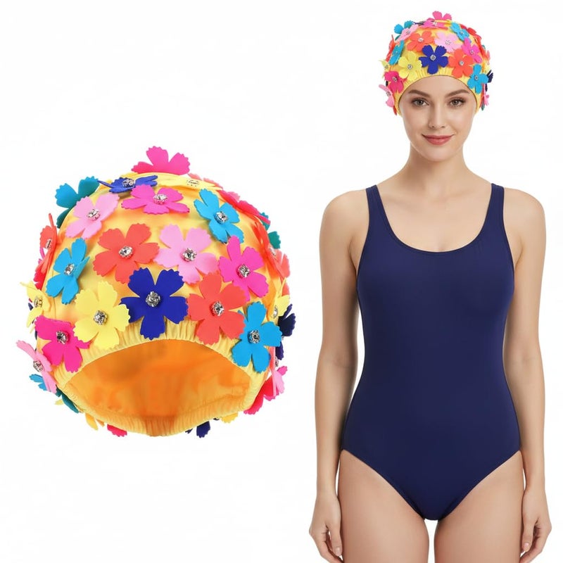 Veemoon Women Faric Floral Petal Swim Cap, Floral Retro Style Fabric Bathing Cap Fashionable Swimming Hat with Three-Dimensional Flower for Lady Girls Long/Short Hair Bathing Swimming - Image 1
