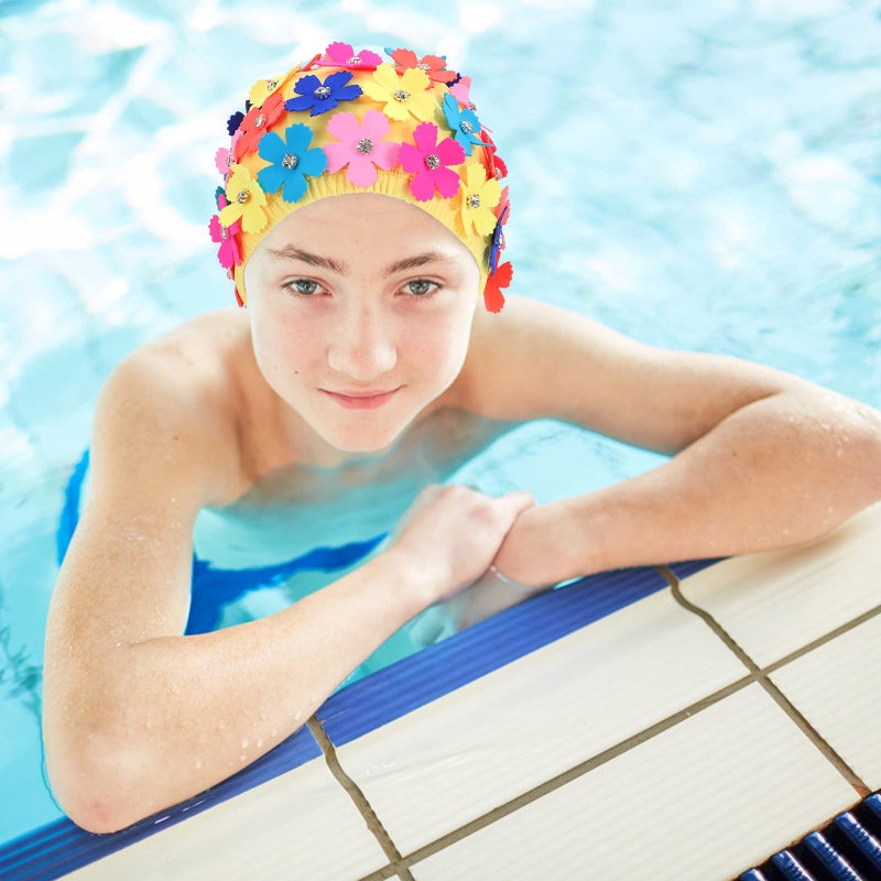 Veemoon Women Faric Floral Petal Swim Cap, Floral Retro Style Fabric Bathing Cap Fashionable Swimming Hat with Three-Dimensional Flower for Lady Girls Long/Short Hair Bathing Swimming - Image 3
