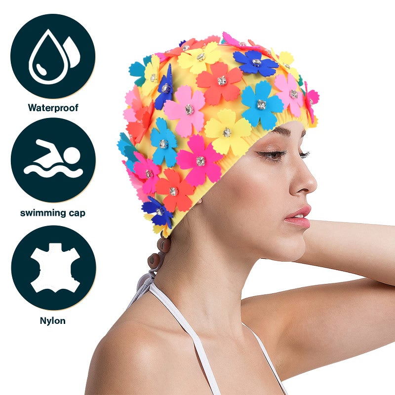 Veemoon Women Faric Floral Petal Swim Cap, Floral Retro Style Fabric Bathing Cap Fashionable Swimming Hat with Three-Dimensional Flower for Lady Girls Long/Short Hair Bathing Swimming - Image 4