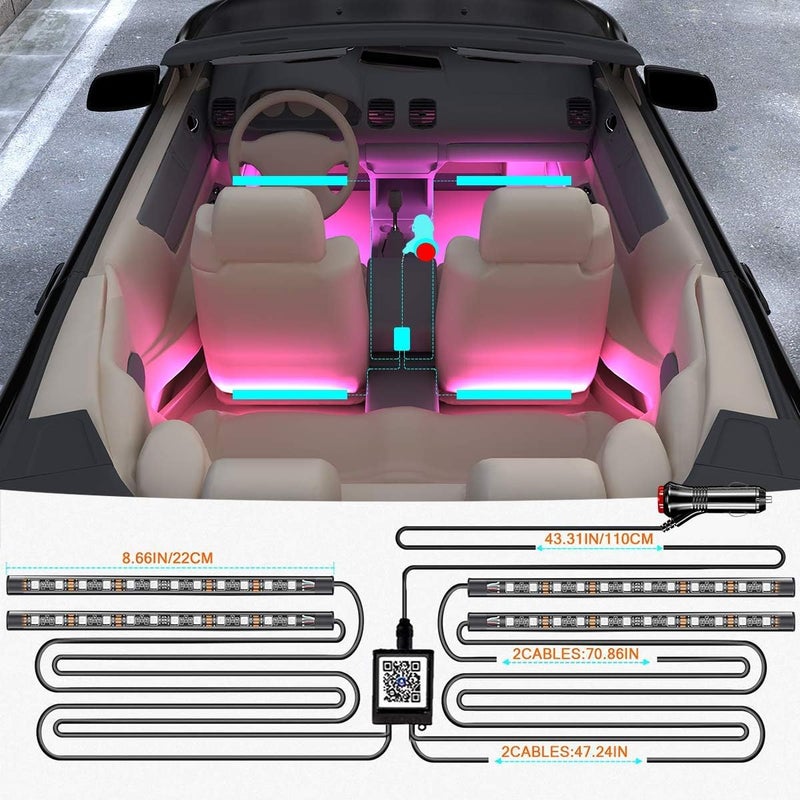 أضواء يي لاي الداخلية للسيارة، أضواء شريطية LED RGB داخل السيارة متزامنة مع الموسيقى، مقاومة للماء 4 قطع 48 مصباح LED مع تحكم عبر تطبيق البلوتوث، إضاءة سيارة موسيقية متعددة الألوان DIY مع شاحن سيارة وبجهد 12 فولت تيار مستمر - Image 5