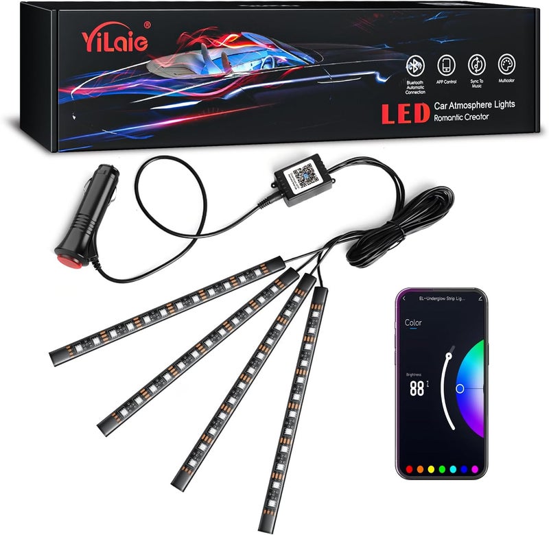 أضواء يي لاي الداخلية للسيارة، أضواء شريطية LED RGB داخل السيارة متزامنة مع الموسيقى، مقاومة للماء 4 قطع 48 مصباح LED مع تحكم عبر تطبيق البلوتوث، إضاءة سيارة موسيقية متعددة الألوان DIY مع شاحن سيارة وبجهد 12 فولت تيار مستمر - Image 1