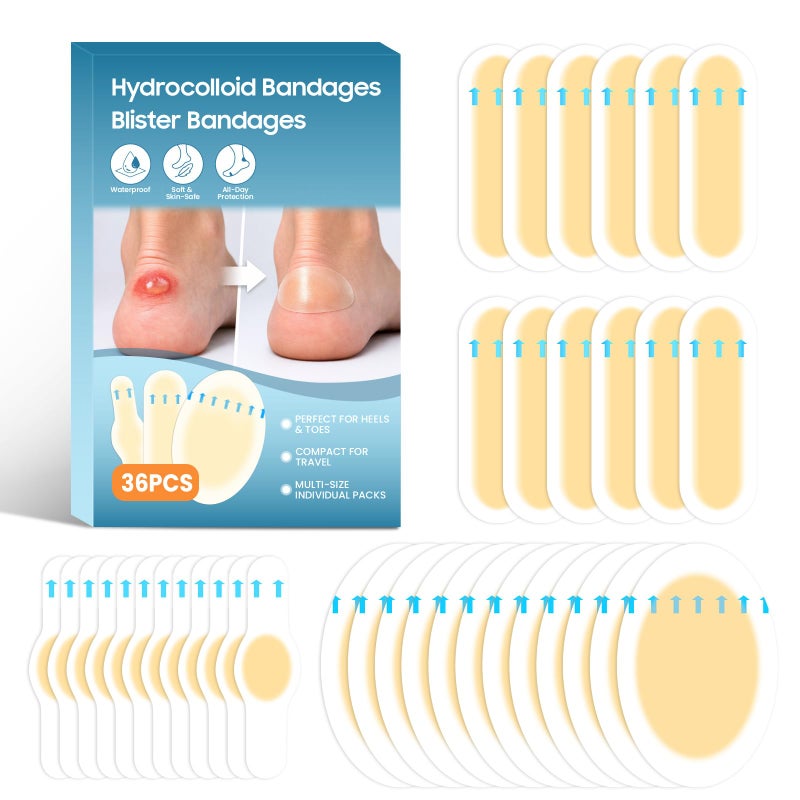 Lerifer Hydrocolloid Blister Bandages, 36PCS Blister Bandages for Feet, Heel & Toe â€“ Blister Prevention Waterproof Blister Pads & Blister Cushions â€“ Long-Lasting Comfortable for Shoes - Image 1