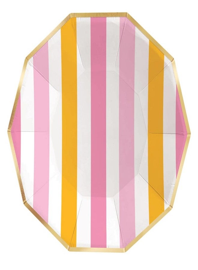 Slant Collections 8-Count Disposable Dinner Size Decagon Paper Plates, 9-Inch, Pink & Orange Cabana Stripe - Image 1