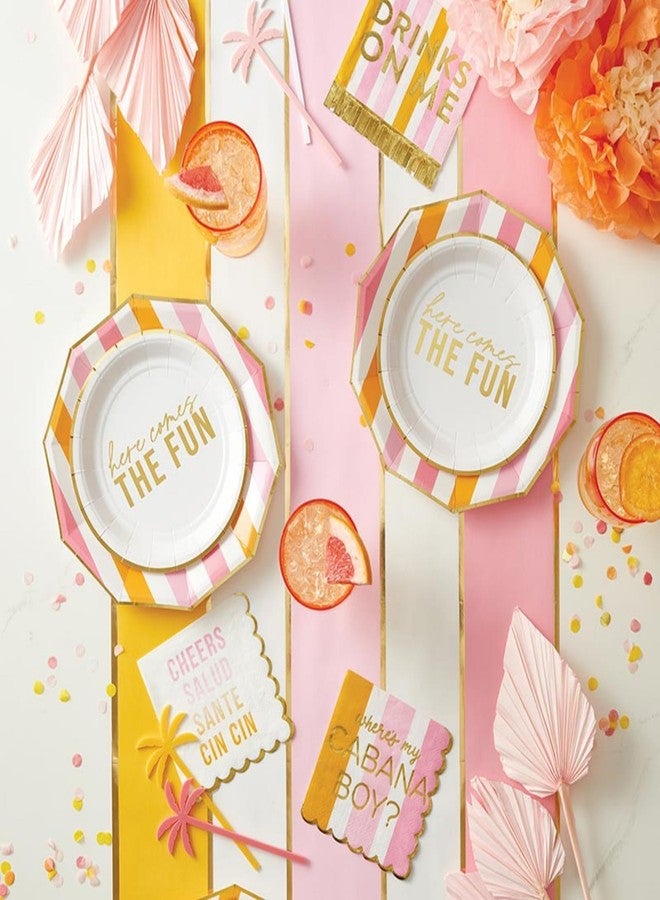Slant Collections 8-Count Disposable Dinner Size Decagon Paper Plates, 9-Inch, Pink & Orange Cabana Stripe - Image 2