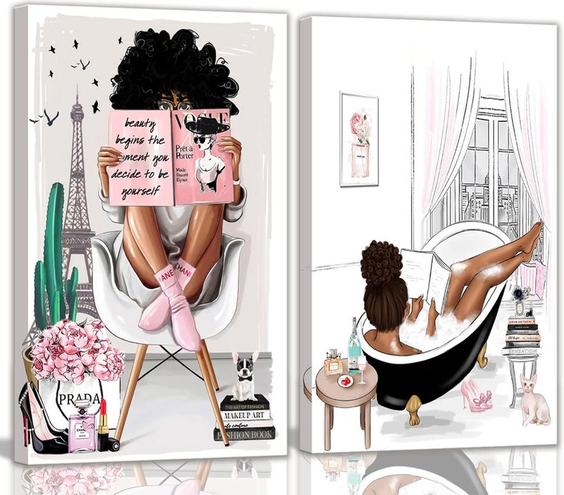 AKOTAC 2 Pieces Framed African American Wall Art Modern Fashion Paris Pink White Afro Black Girls Women Canvas Wall Decor Pictures Posters Prints Artwork for Bathroom Living Room Bedroom Home Decoration - Image 2