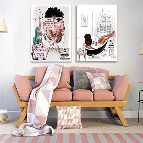 AKOTAC 2 Pieces Framed African American Wall Art Modern Fashion Paris Pink White Afro Black Girls Women Canvas Wall Decor Pictures Posters Prints Artwork for Bathroom Living Room Bedroom Home Decoration - Image 3