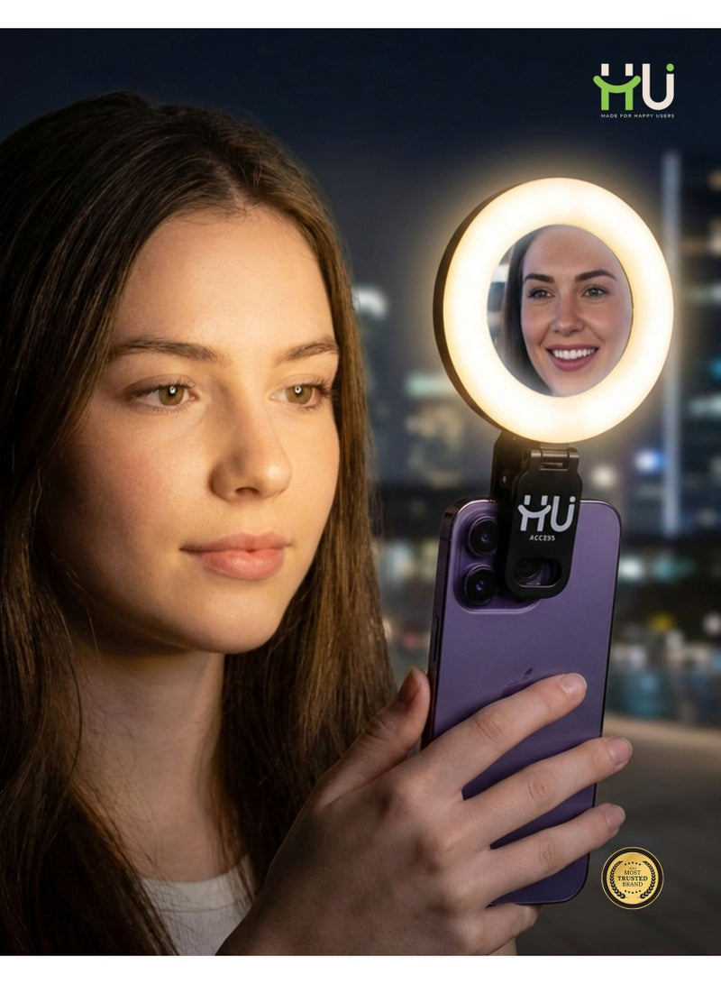 H U ضوء LED محمول + ضوء ملء RGB مع 3 أوضاع ألوان ودوران 180° – ضوء سيلفي مدمج مع مرآة محدبة، وزن خفيف 51 جرام لتصوير الفيديو، المكياج وتسجيل الفيديو - Image 5