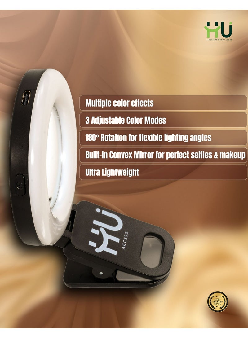 H U ضوء LED محمول + ضوء ملء RGB مع 3 أوضاع ألوان ودوران 180° – ضوء سيلفي مدمج مع مرآة محدبة، وزن خفيف 51 جرام لتصوير الفيديو، المكياج وتسجيل الفيديو - Image 2