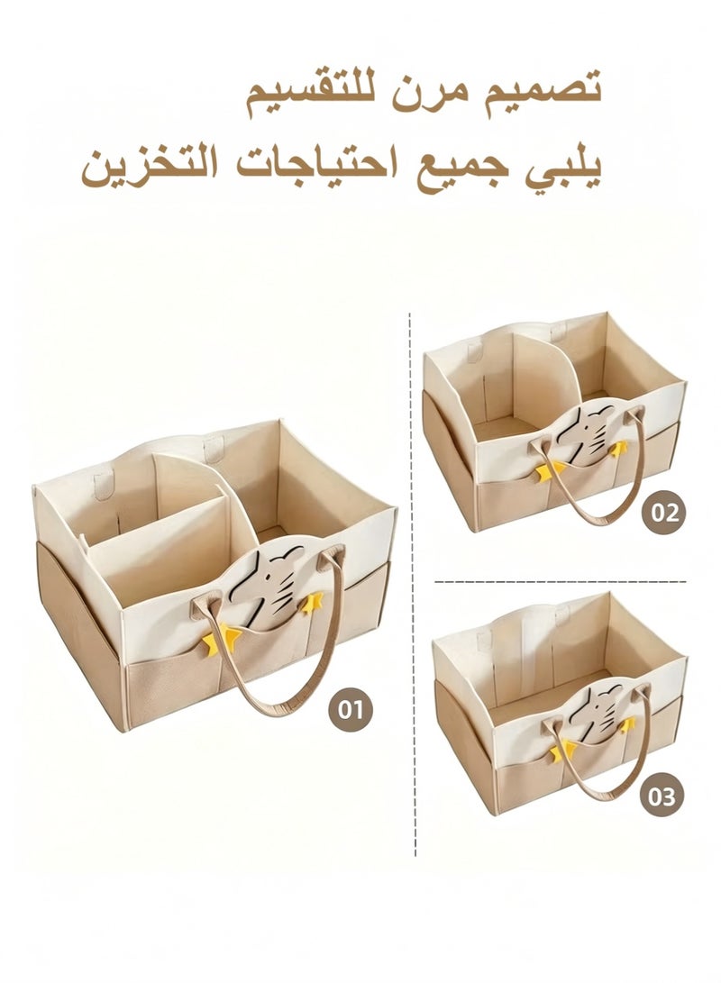 سلة تنظيم حفاضات كبيرة، سلة حفاضات أطفال، سلة حفاضات من الفيلت، منظم طاولة تغيير الحفاضات، سلة تخزين غرفة الأطفال، منظم أطفال محمول، صندوق تخزين الحفاضات، سلة مستلزمات المولود الجديد، حقيبة حفاضات السفر، سلة أطفال متعددة الاستخدامات للمنزل والسيارة، مع مقصورات قابلة للإزالة، تصميم كرتوني لطيف، حمل بيد واحدة، سلة هدية استحمام الطفل للأولاد والبنات - Image 2