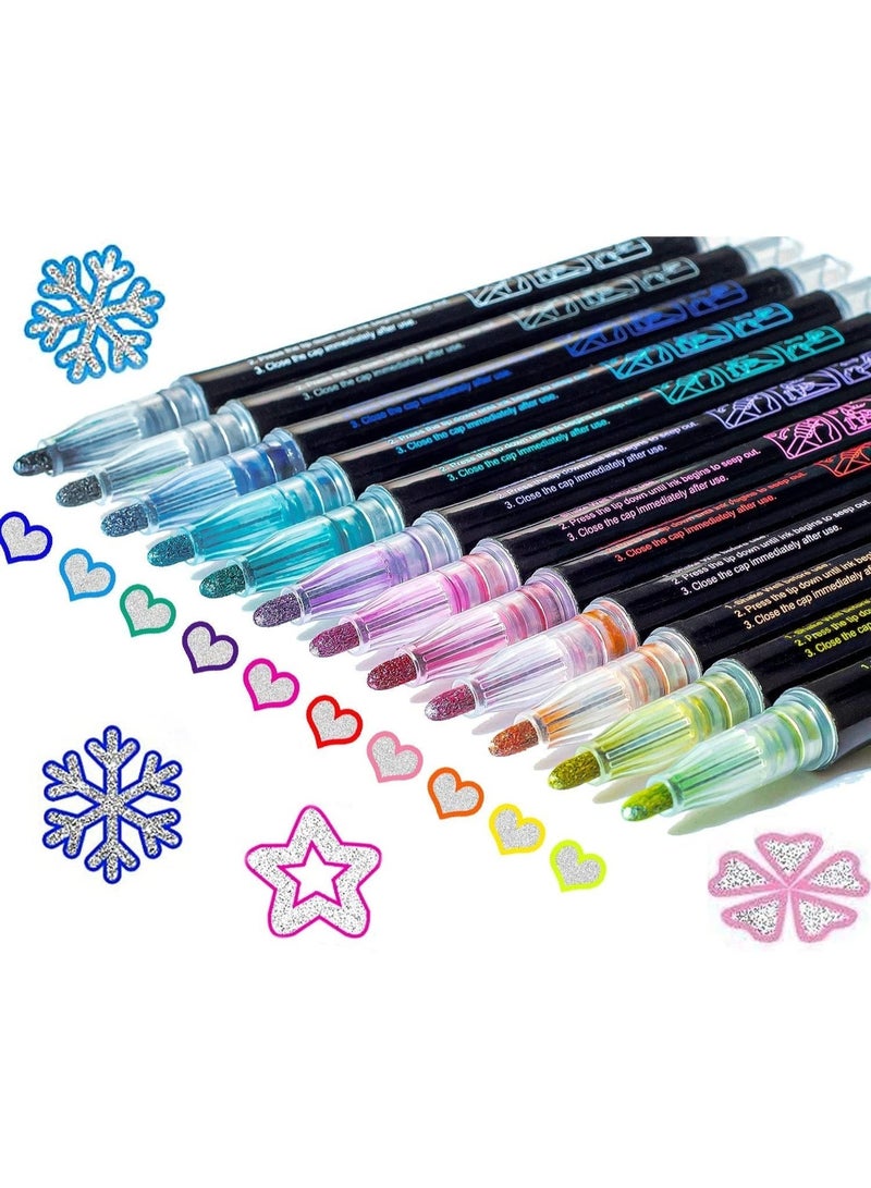 kunshao 12 Colors Shimmer Markers Set, Metallic Glitter Pens with Outline Double Line Effect, Art Craft Supplies for Kids Girls Boys Age 4-14, Doodle Drawing Pens Gift for Christmas Birthday - Image 1