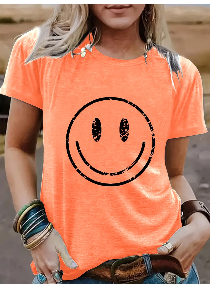 Generic - Summer Womens Casual Short Sleeve round Neck Smiley Face Pattern T-shirt Fashionable Street Style Polyester Blend Top rust red - Image 1