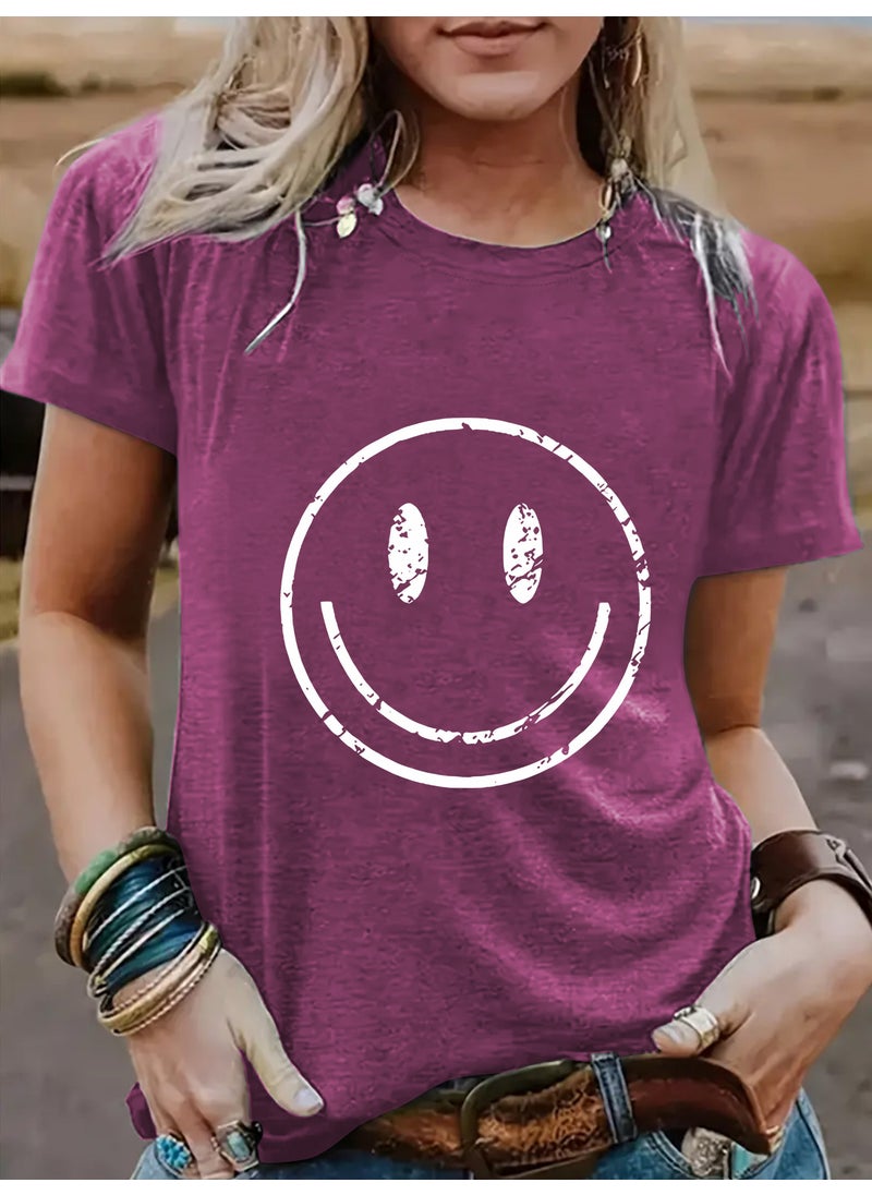 Generic - Summer Womens Casual Short Sleeve round Neck Smiley Face Pattern T-shirt Fashionable Street Style Polyester Blend Top rust red - Image 1
