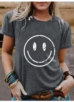 Generic Summer Womens Casual Short Sleeve round Neck Smiley Face Pattern T-shirt Fashionable Street Style Polyester Blend Top rust red  - Image 3